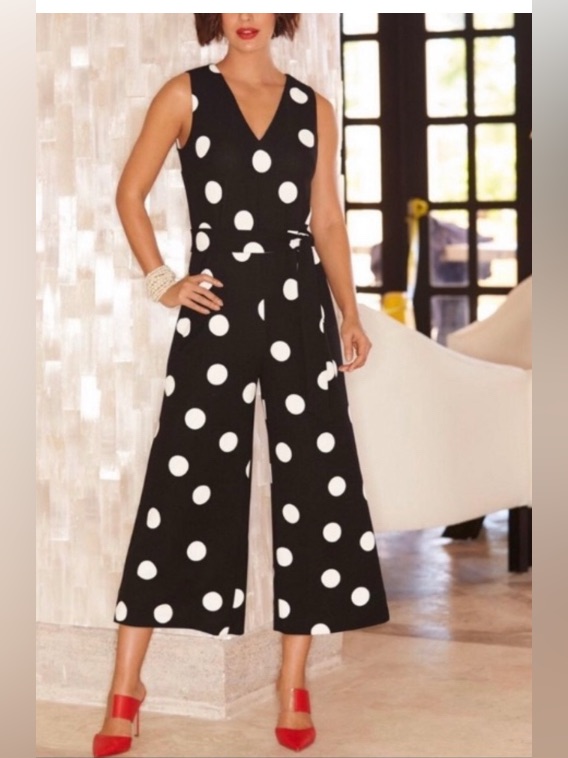 Bebe Black And White Polka Dot V-Neck Wide-Leg Jumpsuit